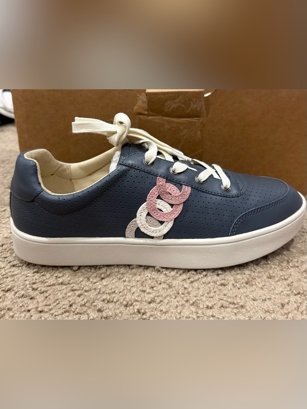 Navy Leather Lace-Up Sneaker with Pink & White Ring Detail